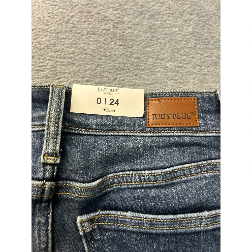 Judy Blue Boyfriend Jeans Womens 0/24 Mid Rise Dark Wash Blue Cuffed Stretch Fit
